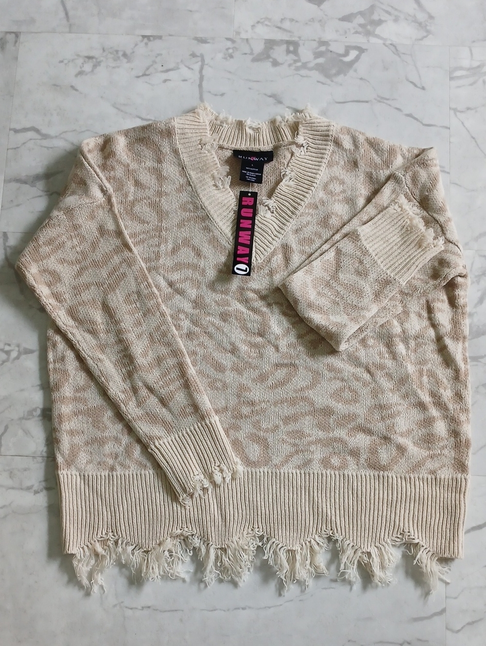 Runway 7 Cream Leopard-Print V-Neck Sweater